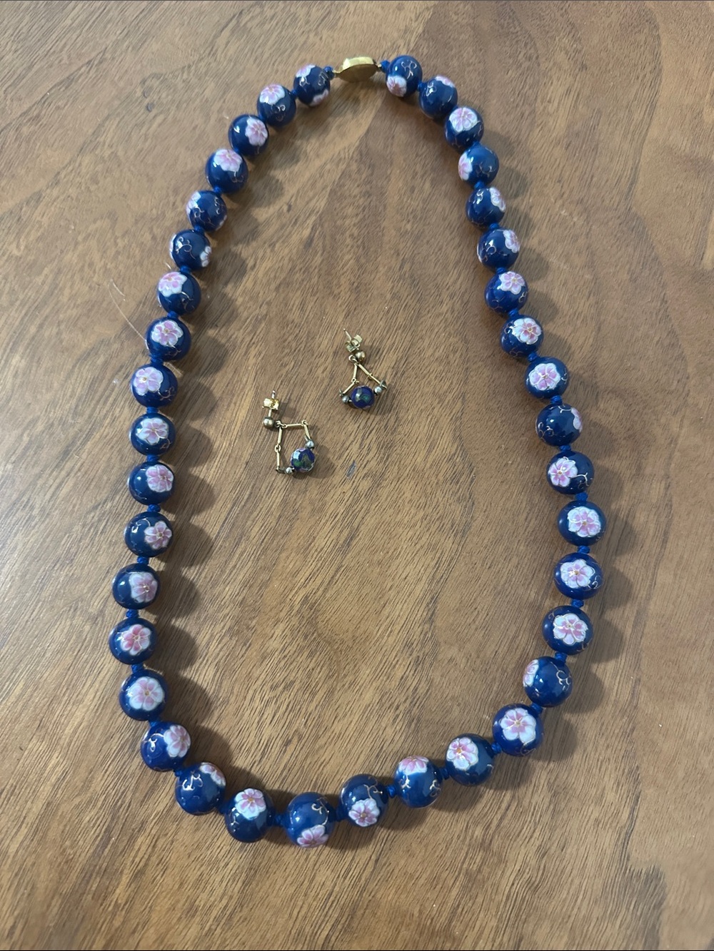 Vintage Blue Floral Bead Necklace and Earring Set - Elegant Women's Jewelry